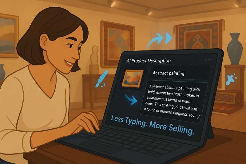 An art gallery owner using Describit’s AI tool on a laptop to instantly generate an engaging description for an abstract painting.
