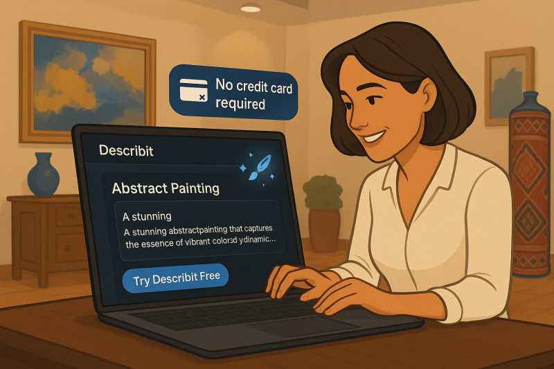 A small business owner in an art gallery using Describit’s AI to generate an abstract painting description, highlighted by a “No credit card required” sign.