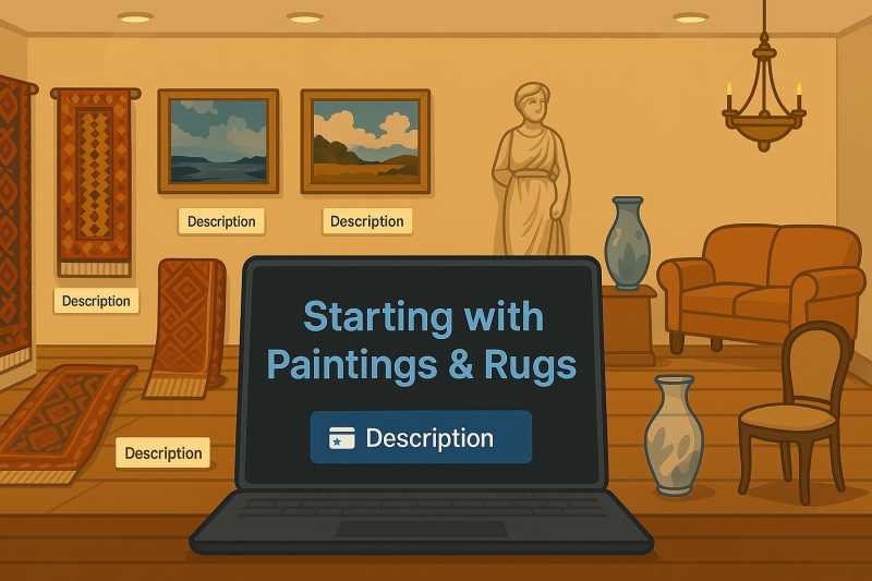 A laptop displaying “Starting with Paintings & Rugs” in a cozy gallery setting with rugs, paintings, a statue, and furniture, showcasing Describit’s focus on art and decor.